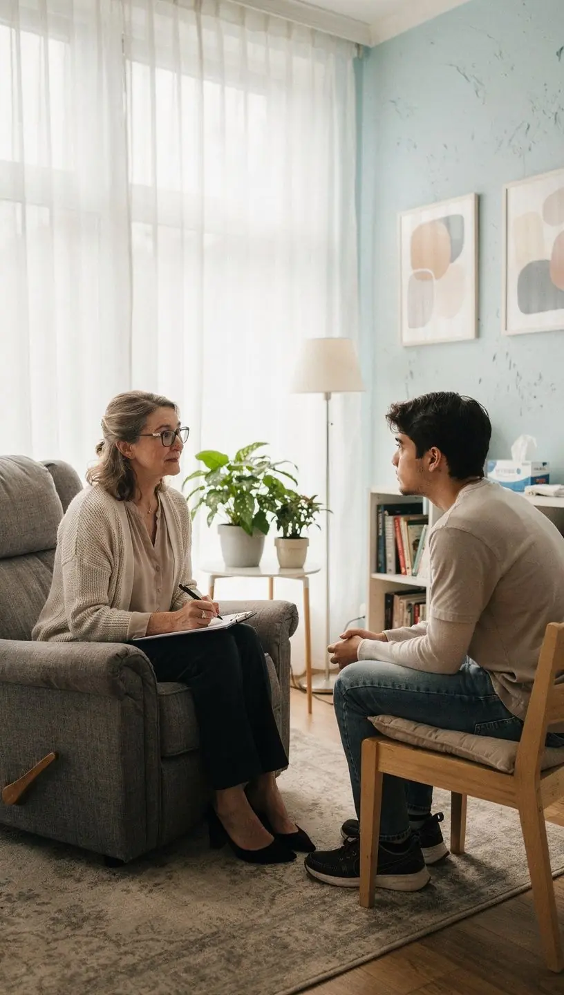 Pszichológiai tanácsadás során egy terapeuta figyelmesen hallgatja a páciensét.